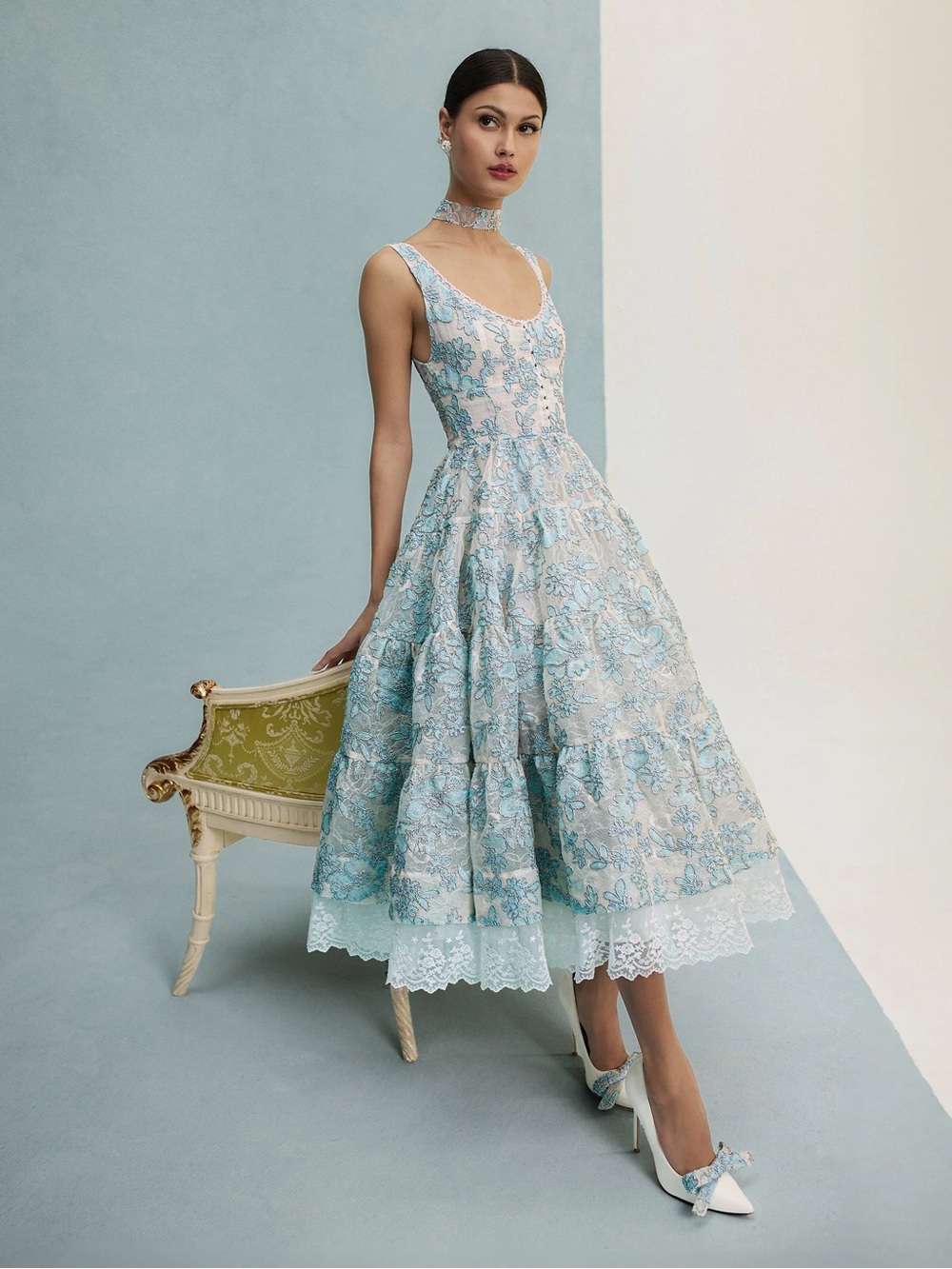 CHARLOTTE EMBR LACE SCOOP NK TIERED ANKLE LENGTH DRESS
